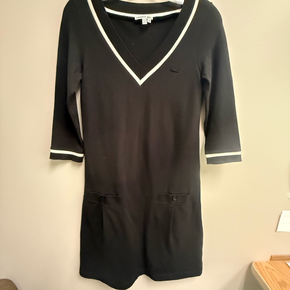 Lacoste Black pique dress 36 with pockets 3/4 sleeves above knee small